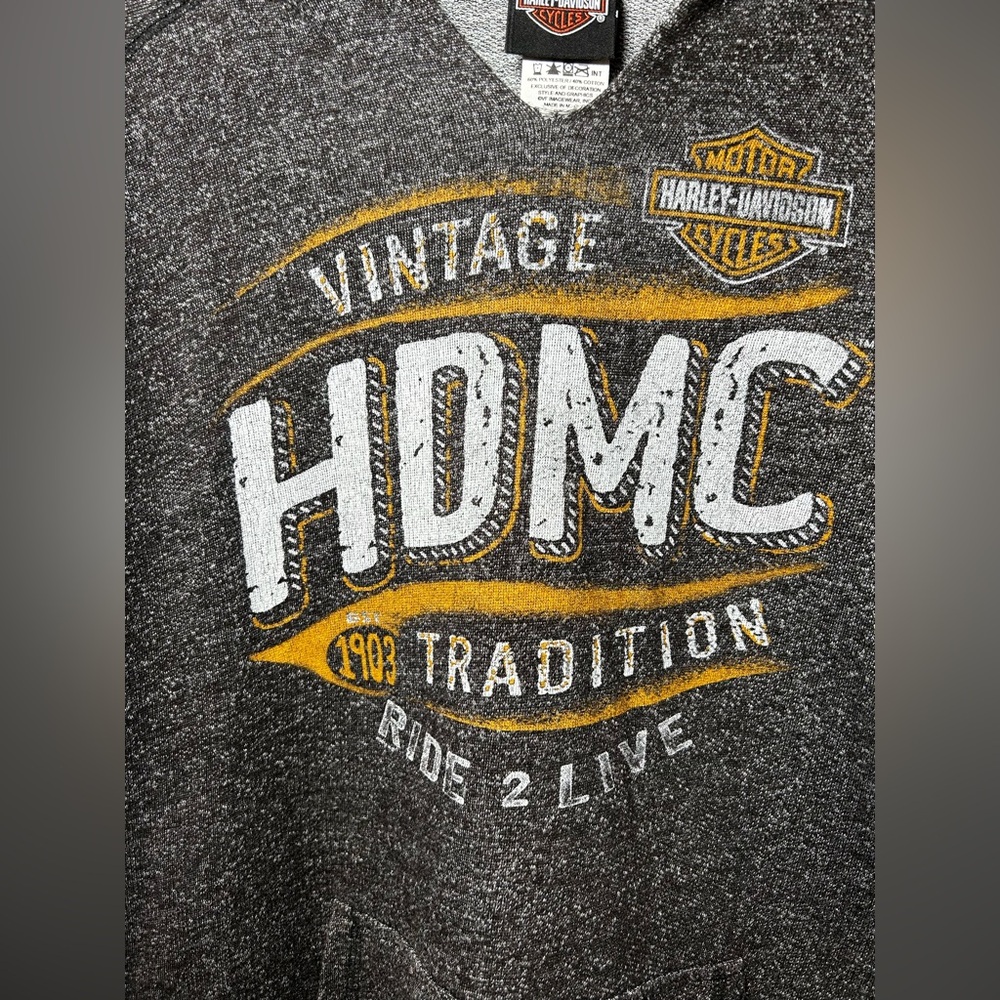 Harley-Davidson Women’s XXL Heather Gray Yellow Hoodie Graphic V Neck Sweatshirt - Picture 2 of 6